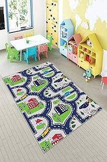 Pelangi Mavi Araba Trafik Yollu Yıkanabilir Kaymaz Taban Leke Tutmazbebek Ve Çocuk Odası Halısı, Yeşil-Lacivert 180 x 250, 901357109180250 - 1