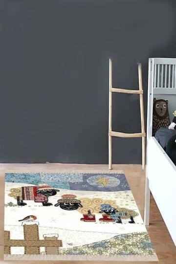 Pelangi Mavi Desenli Çocuk Odası Halısı, Mavi-Beyaz 40 x 40
