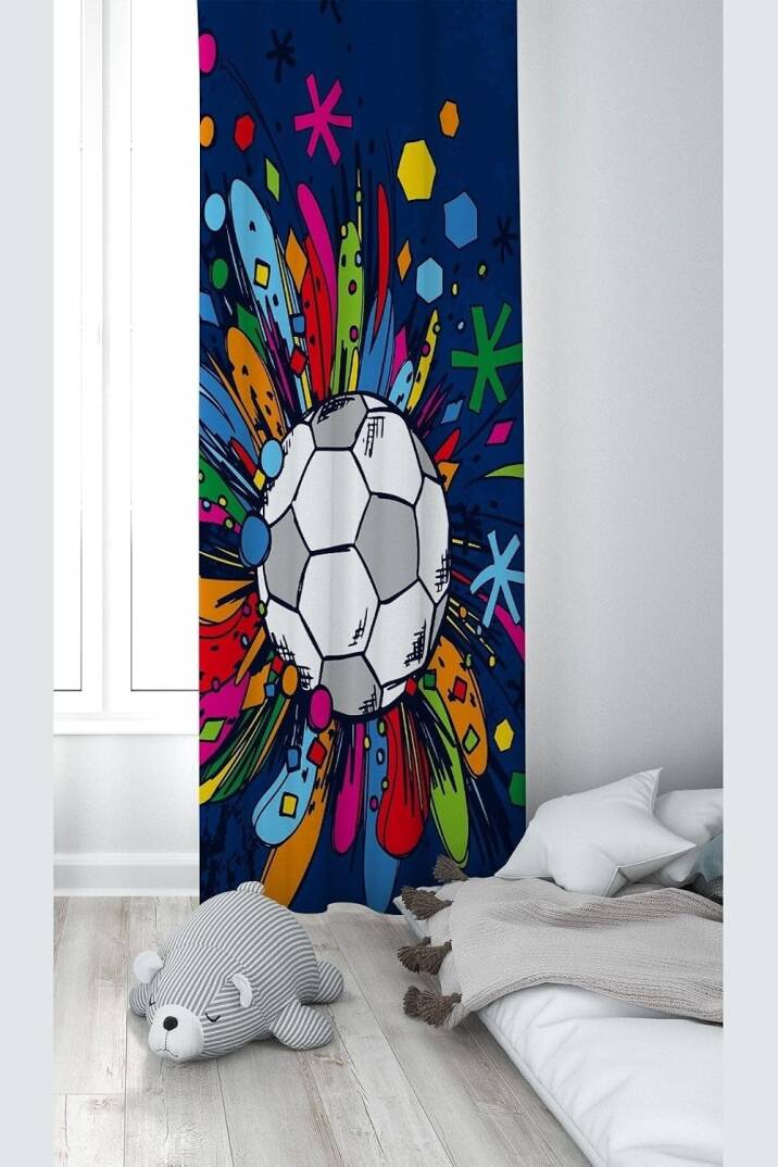 Pelangi Mavi Futbol Topu Desenli Dijital Baskı Yıkanabilir Bebek Çocuk Odası Fon Perdesi, mavi 70 x 200 - 1