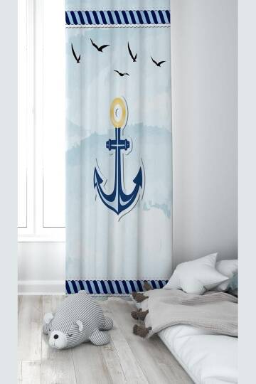 Pelangi Mavi Gemici Çapa Desenli Dijital Baskı Yıkanabilir Bebek Çocuk Odası Fon Perdesi, mavi-beyaz 140 x 240
