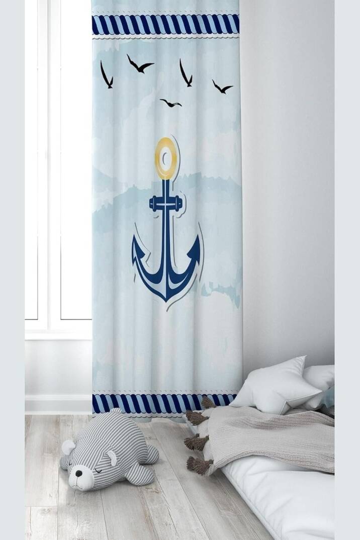 Pelangi Mavi Gemici Çapa Desenli Dijital Baskı Yıkanabilir Bebek Çocuk Odası Fon Perdesi, mavi-beyaz 140 x 240 - 1