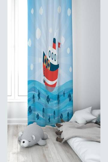 Pelangi Mavi Gemicik Desenli Dijital Baskı Yıkanabilir Bebek Çocuk Odası Fon Perdesi, mavi-kırmızı 70 x 240
