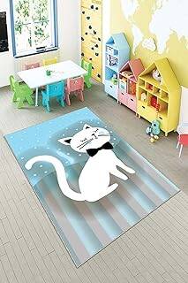 Pelangi Mavi Kedi Desenli Yıkanabilir Kaymaz Taban Leke Tutmazbebek Ve Çocuk Odası Halısı, Gri-Mavi 160 x 350, 901357023160350