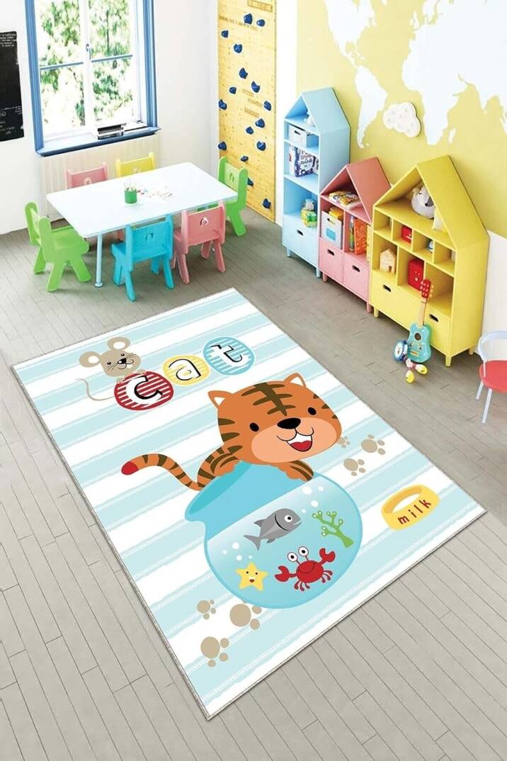 Pelangi Mavi Kedi Desenli Yıkanabilir Kaymaz Taban Leke Tutmazbebek Ve Çocuk Odası Halısı, Mavi 100 x 250 - 1