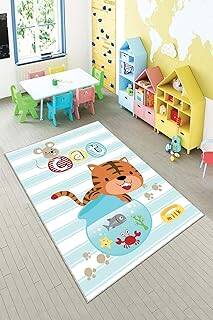 Pelangi Mavi Kedi Desenli Yıkanabilir Kaymaz Taban Leke Tutmazbebek Ve Çocuk Odası Halısı, Mavi 100 x 250
