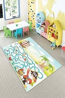 Pelangi Mavi Korsan Ve Hazine Desenli Yıkanabilir Kaymaz Taban Leke Tutmazbebek Ve Çocuk Odası Halısı, Yeşil-Mavi 80 x 500, 90135706980500
