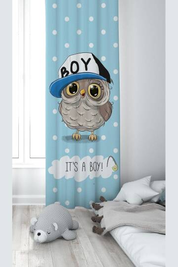 Pelangi Mavi Kuş Desenli Dijital Baskı Yıkanabilir Bebek Çocuk Odası Fon Perdesi, mavi-beyaz 70 x 200