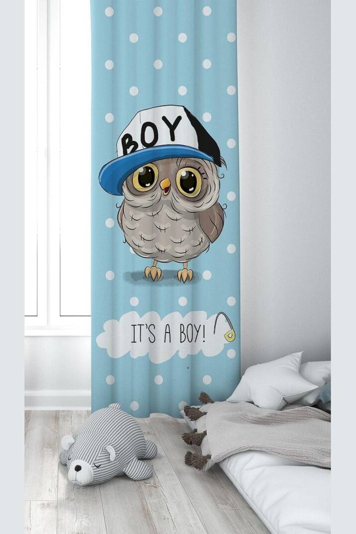 Pelangi Mavi Kuş Desenli Dijital Baskı Yıkanabilir Bebek Çocuk Odası Fon Perdesi, mavi-beyaz 70 x 200 - 1