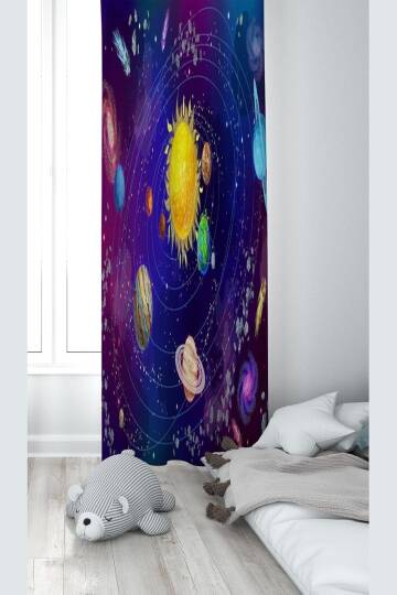 Pelangi Mavi Samanyolu Temalı Dijital Baskı Yıkanabilir Bebek Çocuk Odası Fon Perdesi, mavi 140 x 240