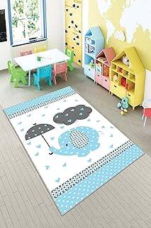 Pelangi Mavi Şemsiyeli Fil Desenli Yıkanabilir Kaymaz Taban Leke Tutmazbebek Ve Çocuk Odası Halısı, Mavi-Gri 100 x 200