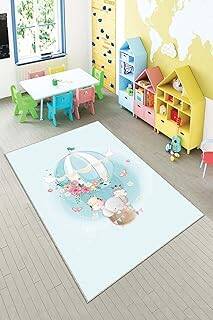 Pelangi Mavi Uçan Balonda Hayvanlar Yıkanabilir Kaymaz Taban Leke Tutmazbebek Ve Çocuk Odası Halısı, Mavi 80 x 150, 90135707680150 - 1