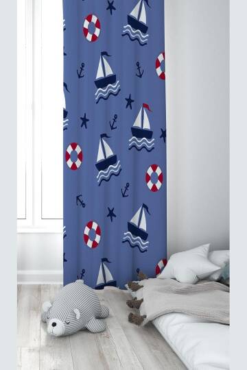 Pelangi Mavi Yelkenli Desenli Dijital Baskı Yıkanabilir Bebek Çocuk Odası Fon Perdesi, karışık renkli 140 x 200