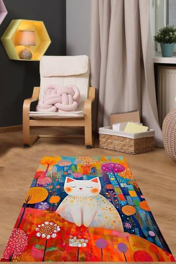 Pelangi Minimalist Sanat Sevimli Kedi Yıkanabilir Kaymaz Taban Leke Tutmaz Çocuk Odası Halısı, Turuncu 180 x 250