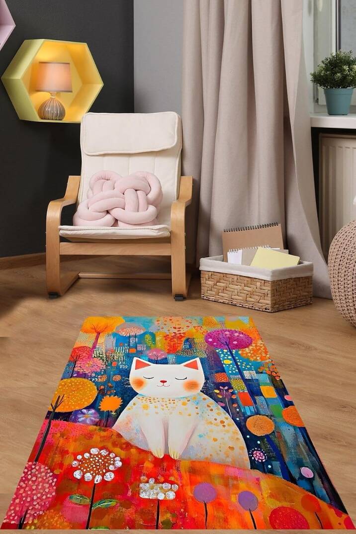 Pelangi Minimalist Sanat Sevimli Kedi Yıkanabilir Kaymaz Taban Leke Tutmaz Çocuk Odası Halısı, Turuncu 180 x 250 - 1