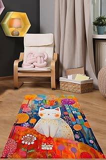 Pelangi Minimalist Sanat Sevimli Kedi Yıkanabilir Kaymaz Taban Leke Tutmaz Çocuk Odası Halısı, Turuncu 180 x 250 - 1