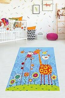 Pelangi Neşeli Çocuk ve Hayvan Sevgisi Zürafa Yıkanabilir Kaymaz Taban Leke Tutmaz Çocuk Odası Halısık, Turuncu-Mavi 120 x 200, 76420101202001