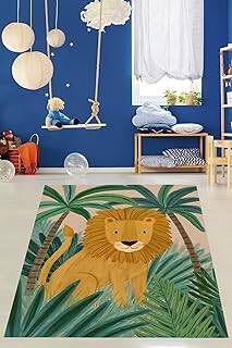 Pelangi Ormandaki Aslan Desenli Yıkanabilir Kaymaz Taban Leke Tutmaz Çocuk Odası Halısı, Kahverengi-Yeşil 80 x 350, 7642010508035005 - 1