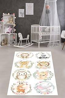Pelangi Ormandaki Hayvanlar Fil Zebra Maymun Yıkanabilir Kaymaz Taban Leke Tutmaz Çocuk Odası Halısık, Beyaz-Kırmızı 100 x 600, 76420071006001 - 1