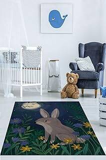 Pelangi Ormandaki Tavşan ve Ay Işığı İskandinav Yıkanabilir Kaymaz Taban Leke Tutmaz Çocuk Odası Halısı, Lacivert-Gri-Yeşil 80 x 250, 764209208025005 - 1