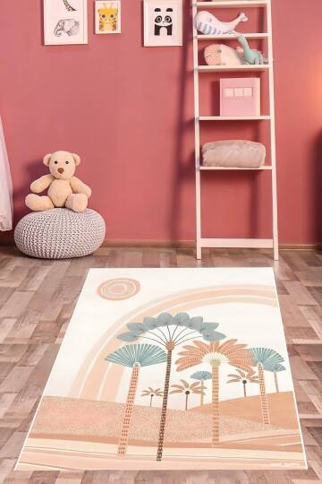 Pelangi Palmiyeler Minimalist Manzara Gökkuşağı Yıkanabilir Kaymaz Taban Leke Tutmaz Çocuk Odası Halısı, Beyaz-Yeşil-Turuncu 120 x 160