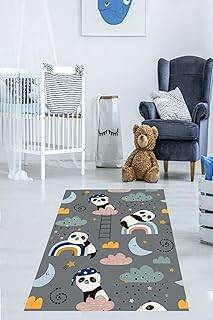 Pelangi Panda Gökkuşağı Bulut Desenli Dijital Baskı Yıkanabilir Kaymaz Taban Leke Tutmaz Çocuk Odası Halısı, Gri-Mavi 160 x 300 - 1