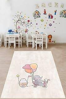 Pelangi Pasta Taşıyan Balonlu Sevimli Fil Yıkanabilir Kaymaz Taban Leke Tutmaz Çocuk Odası Halısı, Gri-Beyaz 80 x 600 - 1