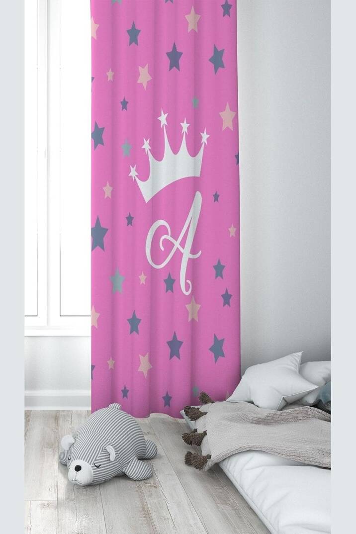 Pelangi Pembe A Harfli Yıldızlı Dijital Baskı Yıkanabilir Bebek Çocuk Odası Fon Perdesi, pembe-beyaz 140 x 200 - 1