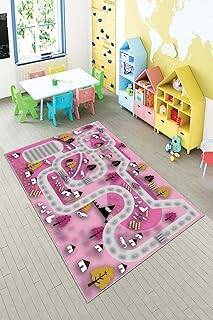 Pelangi Pembe Araba Yollu Trafik Yıkanabilir Kaymaz Taban Leke Tutmazbebek Ve Çocuk Odası Halısı, Pembe 100 x 250 - 1