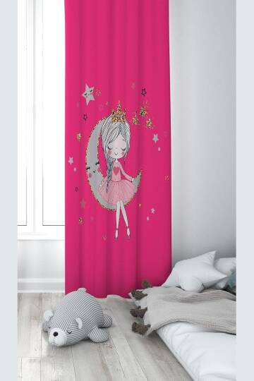 Pelangi Pembe Ayda Oturan Kız Desenli Dijital Baskı Yıkanabilir Bebek Çocuk Odası Fon Perdesi, pembe 70 x 240, 1103222702401