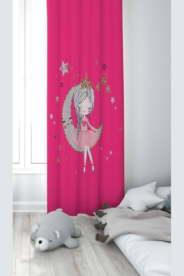 Pelangi Pembe Ayda Oturan Kız Desenli Dijital Baskı Yıkanabilir Bebek Çocuk Odası Fon Perdesi, pembe 70 x 240, 1103222702401 - 1