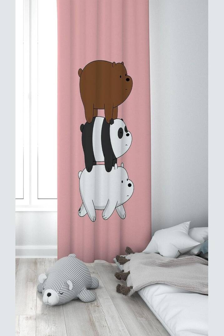 Pelangi Pembe Ayıcık Desenli Dijital Baskı Yıkanabilir Bebek Çocuk Odası Fon Perdesi, pembe-kahverengi 70 x 270 - 1