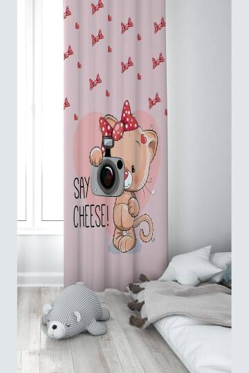 Pelangi Pembe Ayıcık Desenli Dijital Baskı Yıkanabilir Bebek Çocuk Odası Fon Perdesi, pembe-kırmızı 70 x 200