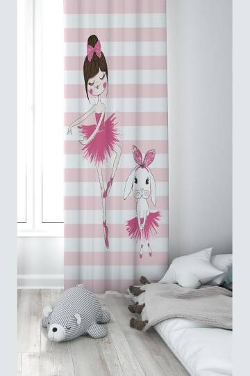 Pelangi Pembe Balerin Desenli Dijital Baskı Yıkanabilir Bebek Çocuk Odası Fon Perdesi, pembe-beyaz 140 x 200