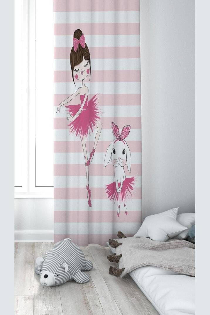 Pelangi Pembe Balerin Desenli Dijital Baskı Yıkanabilir Bebek Çocuk Odası Fon Perdesi, pembe-beyaz 140 x 200 - 1