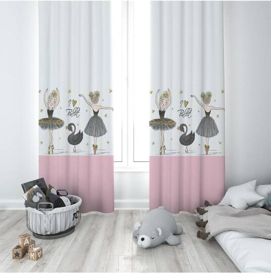 Pelangi Pembe Beyaz Balerin Desenli Dijital Baskı Yıkanabilir Bebek Çocuk Odası Fon Perdesi, gri-beyaz-pembe 70 x 240