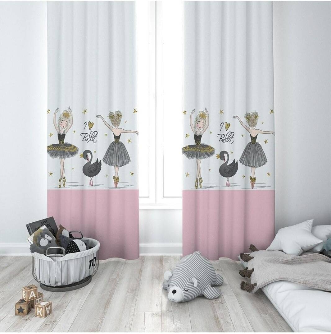 Pelangi Pembe Beyaz Balerin Desenli Dijital Baskı Yıkanabilir Bebek Çocuk Odası Fon Perdesi, gri-beyaz-pembe 70 x 240 - 1