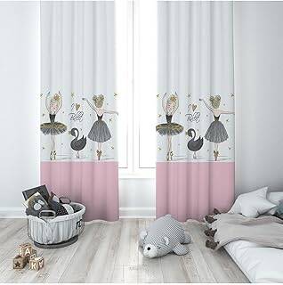 Pelangi Pembe Beyaz Balerin Desenli Dijital Baskı Yıkanabilir Bebek Çocuk Odası Fon Perdesi, gri-beyaz-pembe 70 x 240