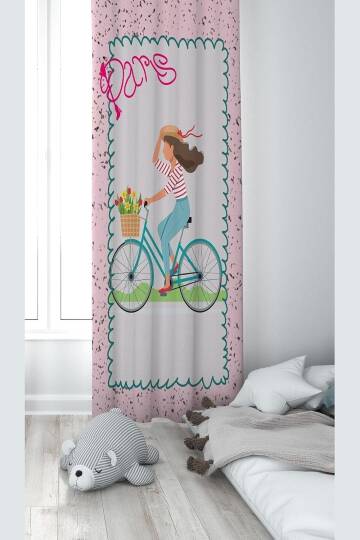 Pelangi Pembe Bisiklet Süren Kız Desenli Dijital Baskı Yıkanabilir Bebek Çocuk Odası Fon Perdesi, pembe-krem 140 x 270