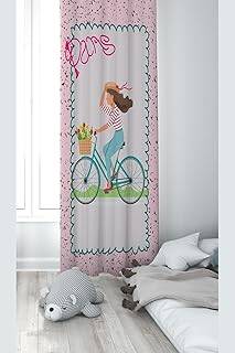 Pelangi Pembe Bisiklet Süren Kız Desenli Dijital Baskı Yıkanabilir Bebek Çocuk Odası Fon Perdesi, pembe-krem 140 x 270
