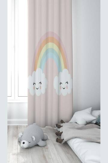 Pelangi Pembe Bulut Ve Gök Kuşağı Desenli Dijital Baskı Yıkanabilir Bebek Çocuk Odası Fon Perdesi, açık pembe 70 x 270