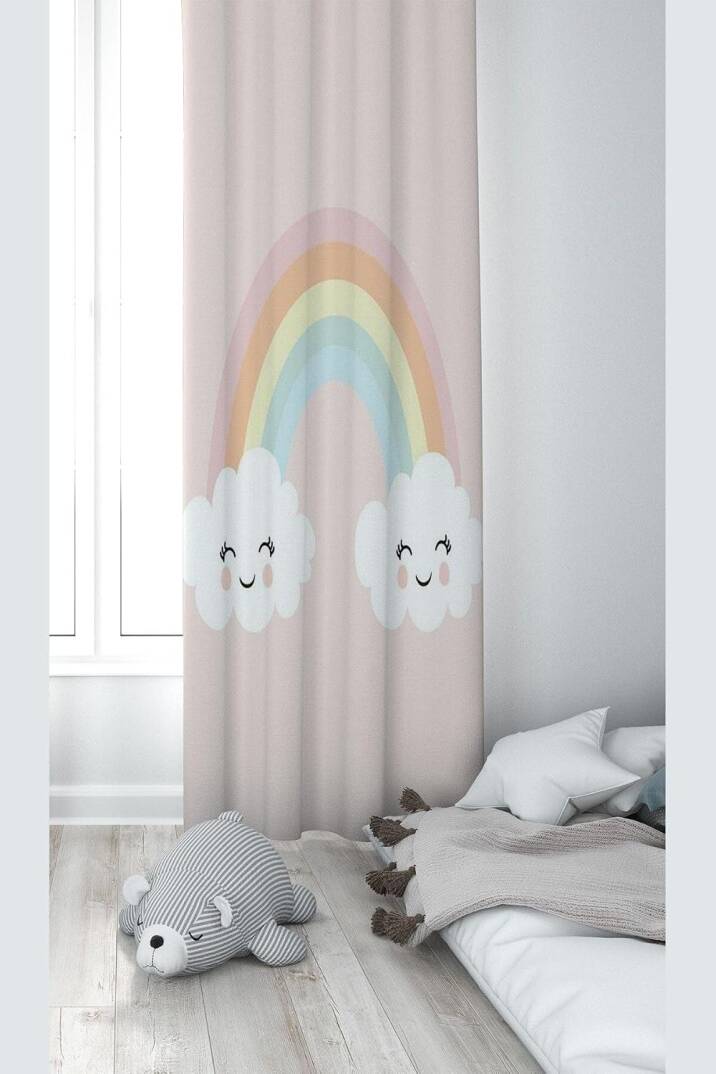 Pelangi Pembe Bulut Ve Gök Kuşağı Desenli Dijital Baskı Yıkanabilir Bebek Çocuk Odası Fon Perdesi, açık pembe 70 x 270 - 1