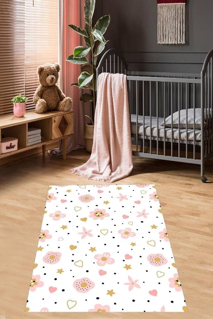 Pelangi Pembe Çiçek Desenli Kalpli Yıldızlı Dijital Baskı Yıkanabilir Kaymaz Leke Tutmaz Çocuk Odası Halısı, Pembe-Beyaz 100 x 200 - 1