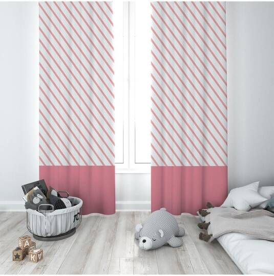 Pelangi Pembe Çizgi Geçişli Desenli Dijital Baskı Yıkanabilir Bebek Çocuk Odası Fon Perdesi, beyaz-pembe 70 x 270