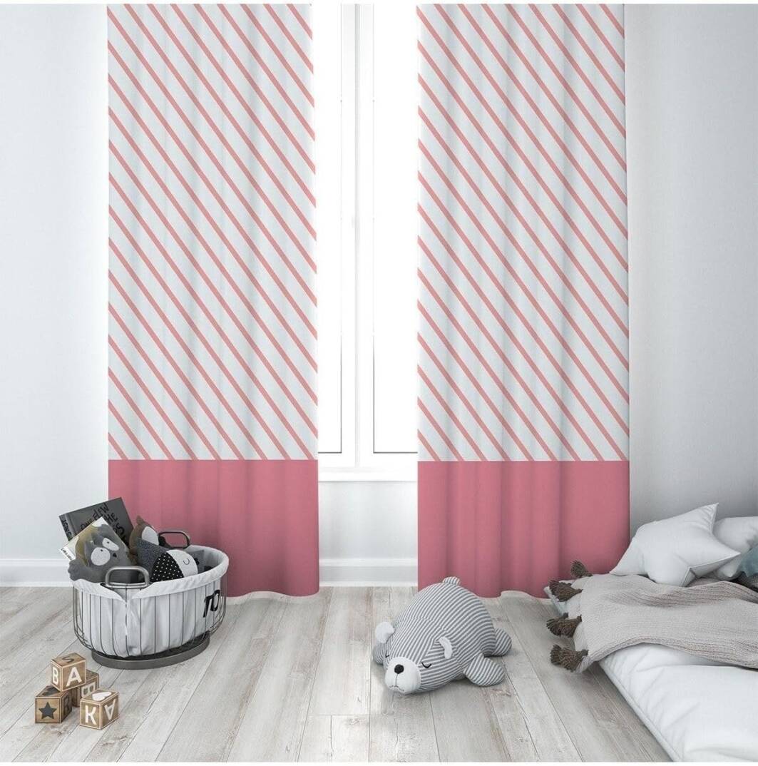 Pelangi Pembe Çizgi Geçişli Desenli Dijital Baskı Yıkanabilir Bebek Çocuk Odası Fon Perdesi, beyaz-pembe 70 x 270 - 1