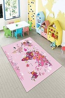 Pelangi Pembe Dünya Haritası Desenli Yıkanabilir Kaymaz Taban Leke Tutmazbebek Ve Çocuk Odası Halısı, Şeker Pembe 80 x 50