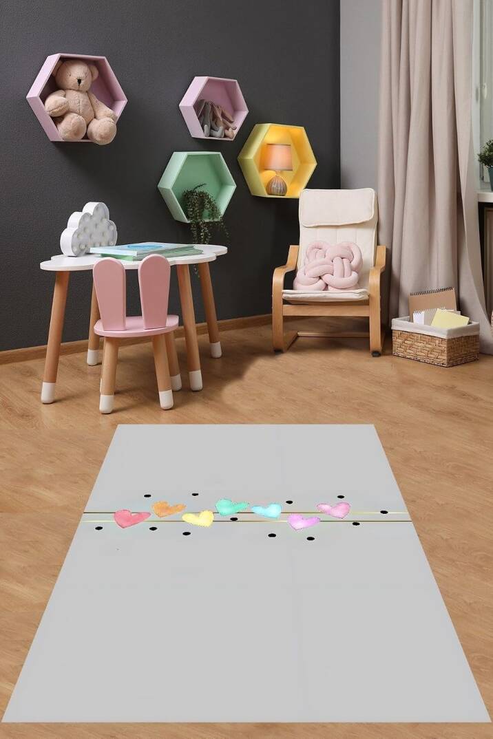 Pelangi Pembe Gül Dolu Şemsiye Yıkanabilir Kaymaz Taban Leke Tutmaz Çocuk Odası Halısı - 1
