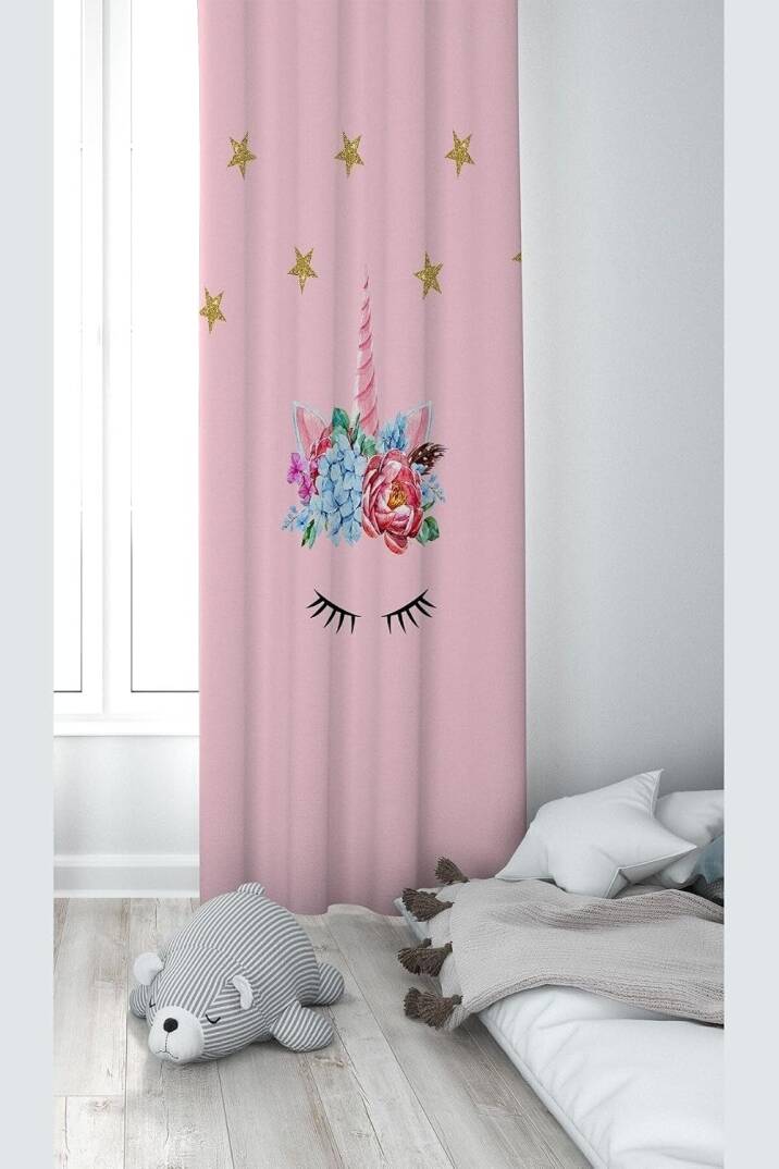Pelangi Pembe Kedi Desenli Dijital Baskı Yıkanabilir Bebek Çocuk Odası Fon Perdesi, toz pembe 70 x 270 - 1