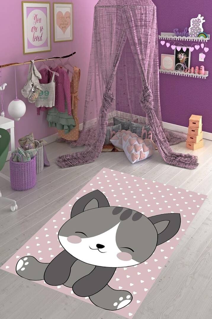 Pelangi Pembe Kedi Desenli Dijital Baskı Yıkanabilir Kaymaz Taban Çocuk Odası Halısı, pembe 80 x 300 - 1