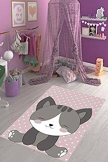 Pelangi Pembe Kedi Desenli Dijital Baskı Yıkanabilir Kaymaz Taban Çocuk Odası Halısı, pembe 80 x 300 - 1