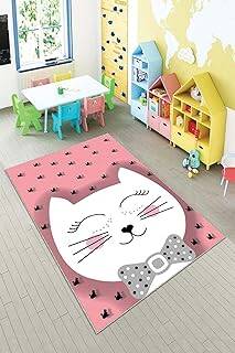 Pelangi Pembe Kedi Desenli Yıkanabilir Kaymaz Taban Leke Tutmazbebek Ve Çocuk Odası Halısı, Açık Pembe-Beyaz 160 x 300 - 1